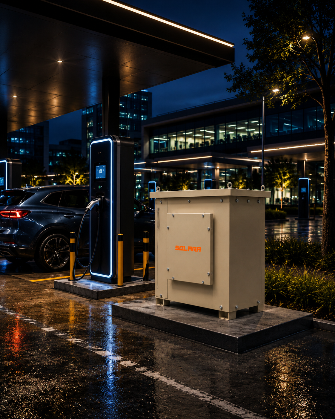 Trafo a seco Solara instalado ao lado de carregador de veículo elétrico