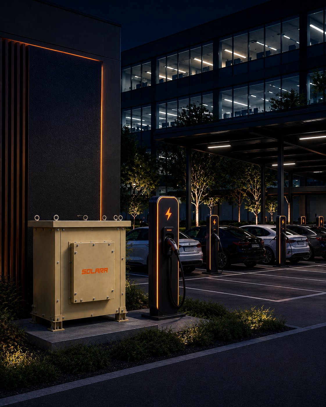 Transformador Solara em estacionamento corporativo com múltiplos carregadores