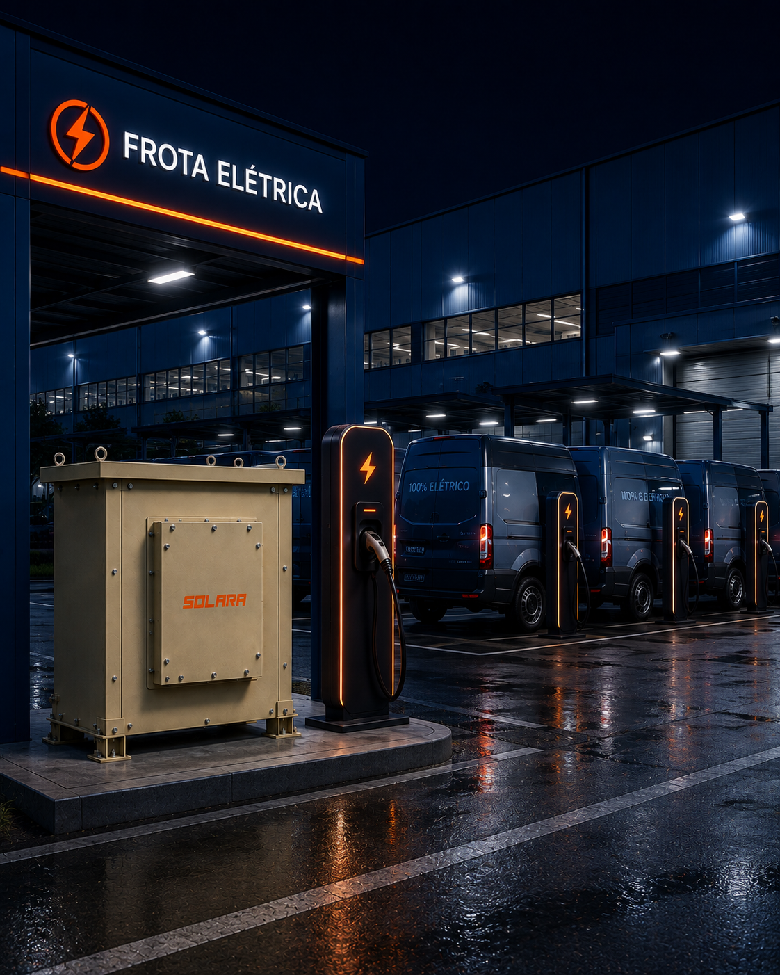 Transformador Solara em pátio de frota de veículos elétricos