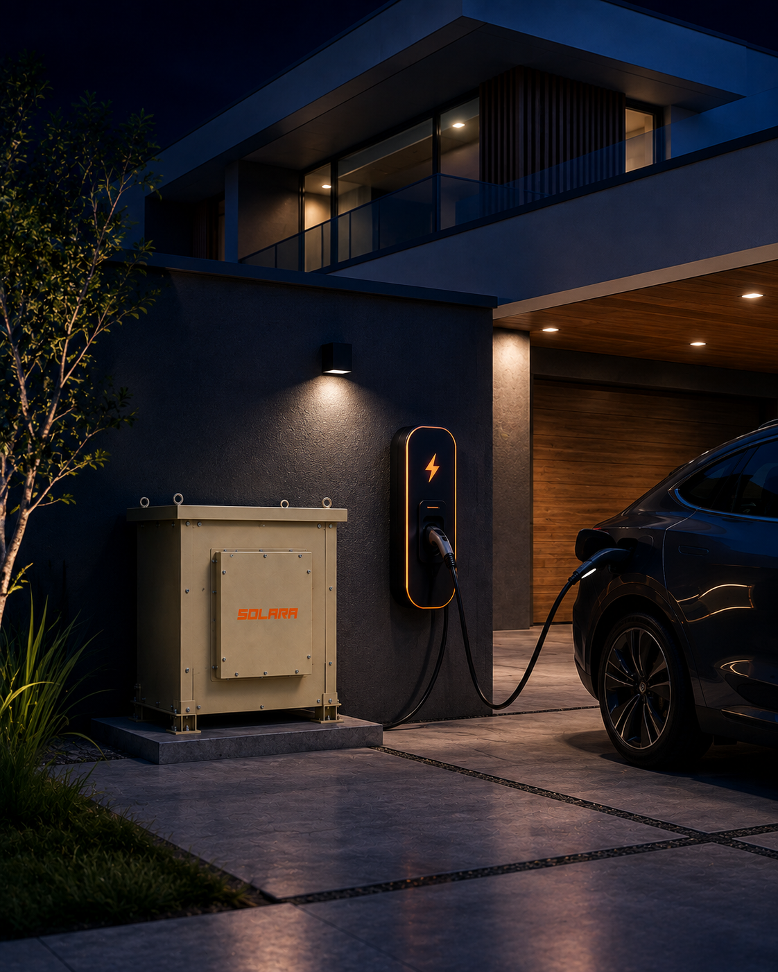 Transformador Solara instalado ao lado de wallbox em garagem residencial