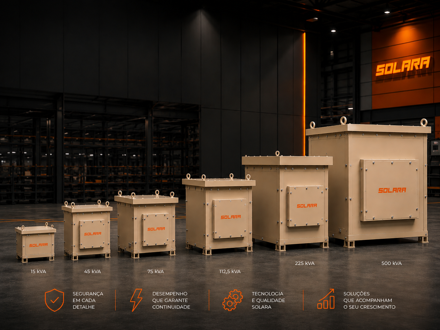 Linha de transformadores Solara em ambiente industrial